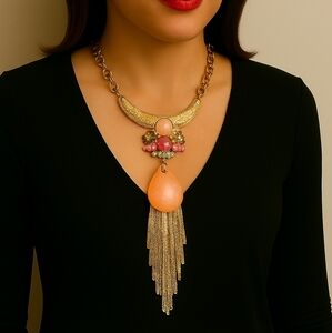 BALLET Gold-Tone Statement Necklace – Colorful Crystal Beaded Fringe Design